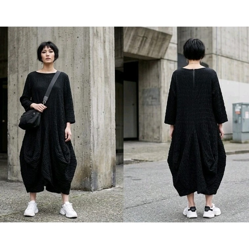 IC by Connie K Women's Size XL Black Bobble Textured Tulip Hem Dress Avant Garde